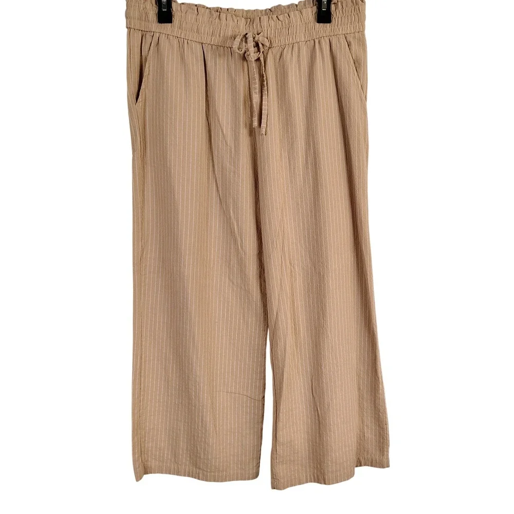 Womens XL Wide Leg Pinstripe Pants Tan Linen Cotton Coastal Boho Trousers